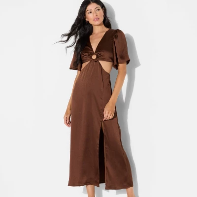 Women's Flutter Sleeve Satin Cap Maxi Bodycon Dress - Wild Fable™ Dark Brown 5 Women's Flutter Sleeve Satin Cap Maxi Bodycon Dress - Wild Fable™ Dark Brown - Image 3