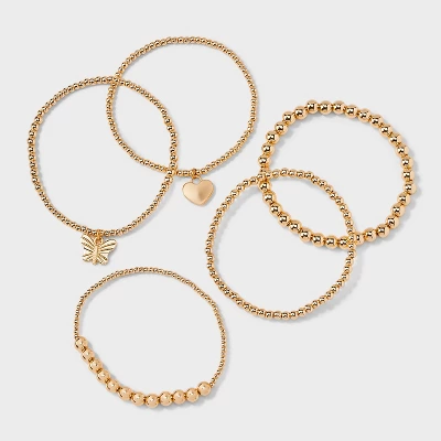 Butterfly And Heart Charm Stretch Bracelet Set 5pc - Wild Fable™ Gold 4 Butterfly And Heart Charm Stretch Bracelet Set 5pc - Wild Fable™ Gold - Image 2
