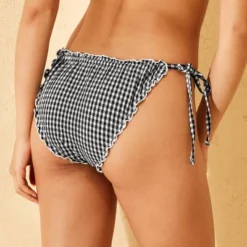 Women's Gingham Print Ruffle Edge Low-Rise Extra High Leg Extra Cheeky Side-Tie Bikini Bottom - Wild Fable⢠Black