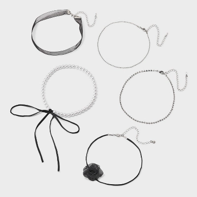 Crystal Faux Pearl & Ribbon Choker Necklace Set 5pc - Wild Fable™ Black/Silver 3 Crystal Faux Pearl & Ribbon Choker Necklace Set 5pc - Wild Fable™ Black/Silver