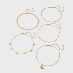 Dainty Chain With Butterfly Charm Choker Necklace Set 5pc - Wild Fable⢠Gold: Brass Material, Lobster Claw Clasp, 12" Length
