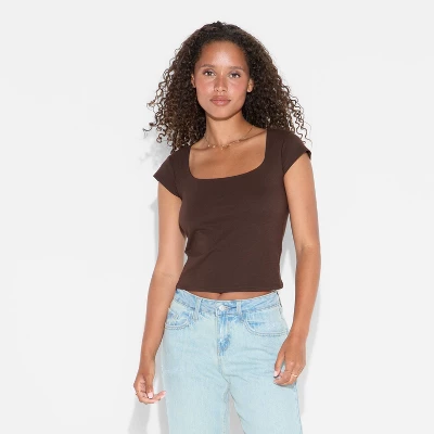 Women's Slim Fit Short Sleeve Square Neck T-Shirt - Wild Fable™ 3 Women's Slim Fit Short Sleeve Square Neck T-Shirt - Wild Fable™