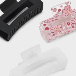 Flower And Solid Rectangle Claw Hair Clip Set 3pc - Wild Fable™ Pink/Black/White: Plastic Hair Accessories