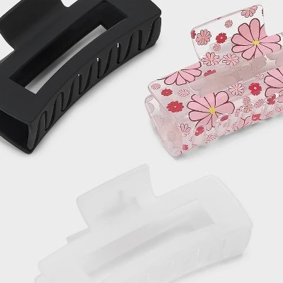 Flower And Solid Rectangle Claw Hair Clip Set 3pc - Wild Fable™ Pink/Black/White: Plastic Hair Accessories 3 Flower And Solid Rectangle Claw Hair Clip Set 3pc - Wild Fable™ Pink/Black/White: Plastic Hair Accessories
