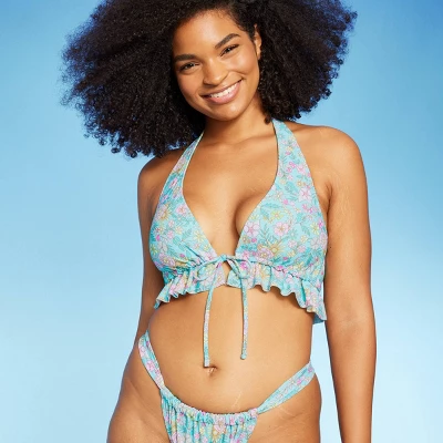 Women's Ruffle Tie-Front Halter Bikini Top - Wild Fable™ Green Floral Print 5 Women's Ruffle Tie-Front Halter Bikini Top - Wild Fable™ Green Floral Print - Image 3
