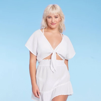 Women's Tie-Front Cover Up Short Sleeve Crop Top - Wild Fable™ White 4 Women's Tie-Front Cover Up Short Sleeve Crop Top - Wild Fable™ White - Image 2