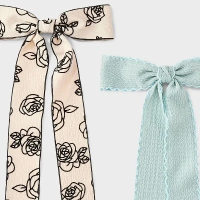 Floral Print And Solid Bow Hair Clip Set 2pc - Wild Fable™ Beige/Teal Green 4 Floral Print And Solid Bow Hair Clip Set 2pc - Wild Fable™ Beige/Teal Green - Image 2