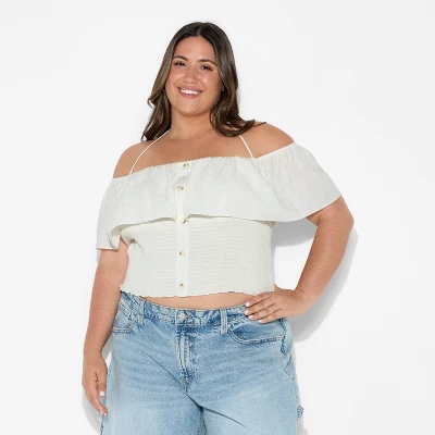 Women's Smocked Ruffle Sleeve Open-Neck Halter Top - Wild Fable™ Off-White 3 Women's Smocked Ruffle Sleeve Open-Neck Halter Top - Wild Fable™ Off-White