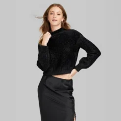 Women's Mock Turtleneck Fuzzy Boxy Pullover Sweater - Wild Fable™