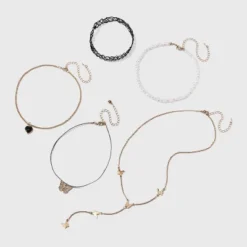 Butterfly And Pearl Heart Choker Necklace Set 5pc - Wild Fable⢠Gold