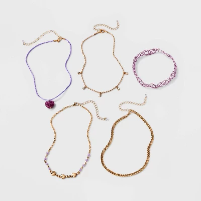 Embellished Heart Choker Necklace Set 5pc - Wild Fable™ Gold/Purple 3 Embellished Heart Choker Necklace Set 5pc - Wild Fable™ Gold/Purple