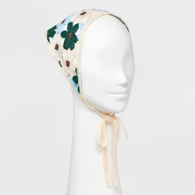 Knitted Flowers Headscarf - Wild Fable™ Ivory/Blue/Brown/Green: Floral Polyester Scarf For Fashion 2 Knitted Flowers Headscarf - Wild Fable™ Ivory/Blue/Brown/Green: Floral Polyester Scarf For Fashion