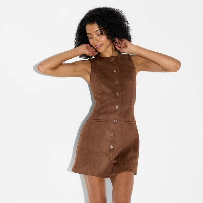 Women's Faux Suede Button-Front Mini A-Line Dress - Wild Fable™ Brown 5 Women's Faux Suede Button-Front Mini A-Line Dress - Wild Fable™ Brown - Image 3