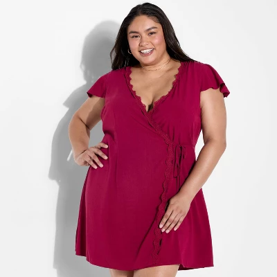 Women's Lace Trim Wrap Mini Dress - Wild Fable™ Burgundy 6 Women's Lace Trim Wrap Mini Dress - Wild Fable™ Burgundy - Image 4