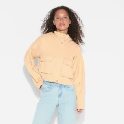 Women's Hooded Cropped Chore Fashion Jacket - Wild Fable⢠Beige