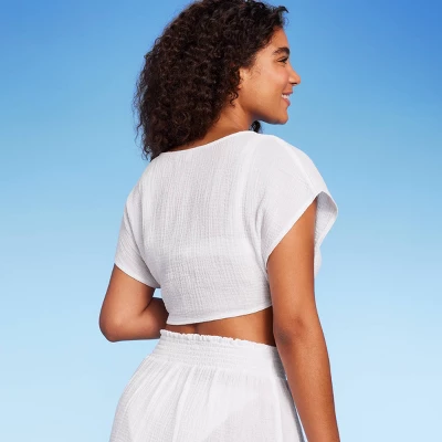 Women's Tie-Front Cover Up Short Sleeve Crop Top - Wild Fable™ White 3 Women's Tie-Front Cover Up Short Sleeve Crop Top - Wild Fable™ White